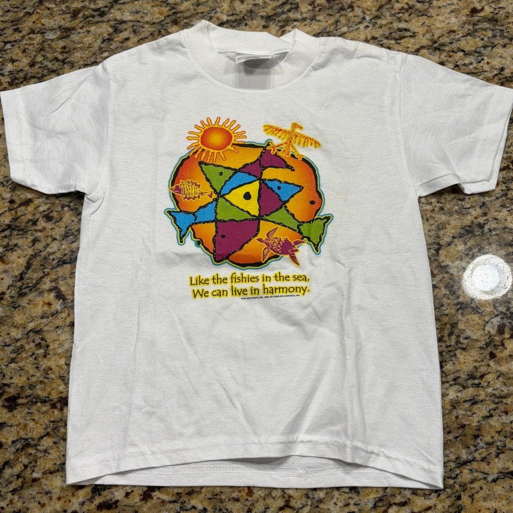 Vintage Hanes Heavyweight Youth Small White Fish Harmony Graphic T-Shirt v